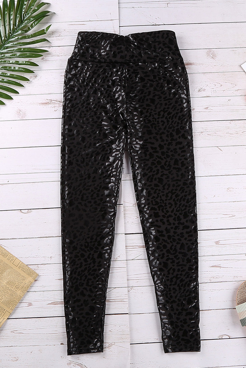 Buy Black Leopard Print Shiny Textured Leggings 