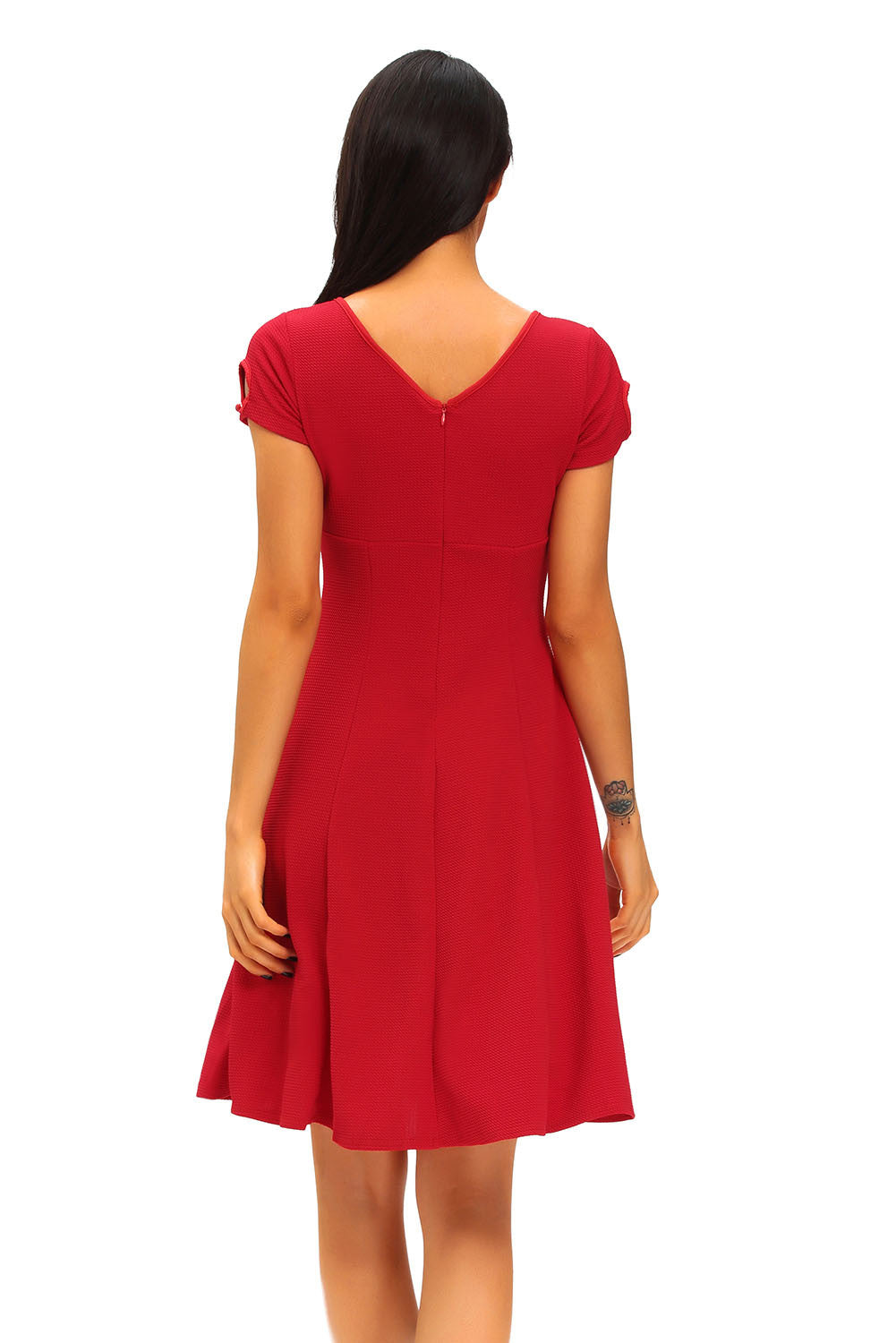 WOMEN CHERRY RED COLLAR STRAP FLARE DRESS